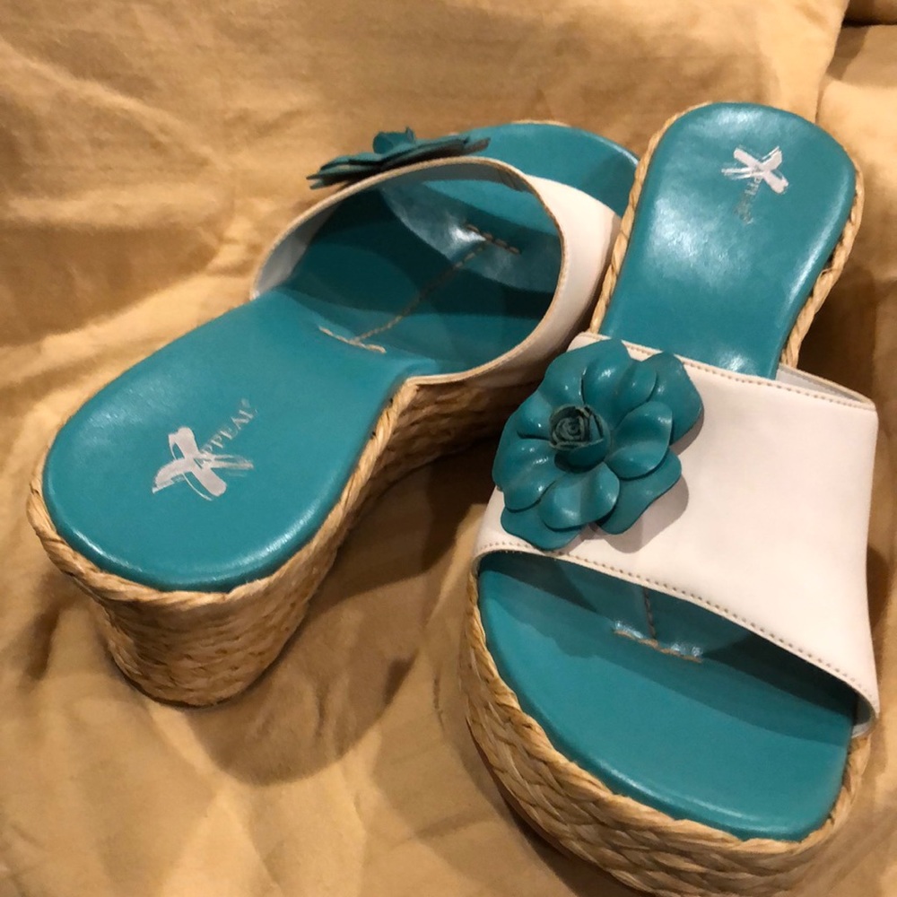 Teal & White tweed wrapped wedge platform sandals.